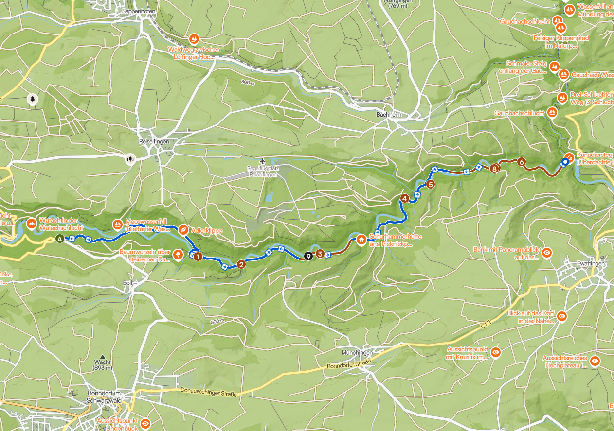 Karte einer Wanderung entlang der Wutachschlucht